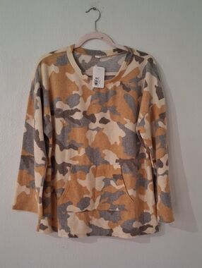 Camo Fleece Pullover Top  Cream, Gray, Mustard